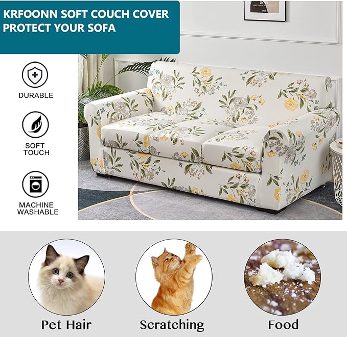 KRFOONN 4 Piece Stretch Sofa Couch Covers for 3 Cushion Couches Printed Sofa Slipcover with 3 Separate Seat Cushion Covers Washable Sofa Slip Covers Furniture Protector for Pets Kids (Large, 24)