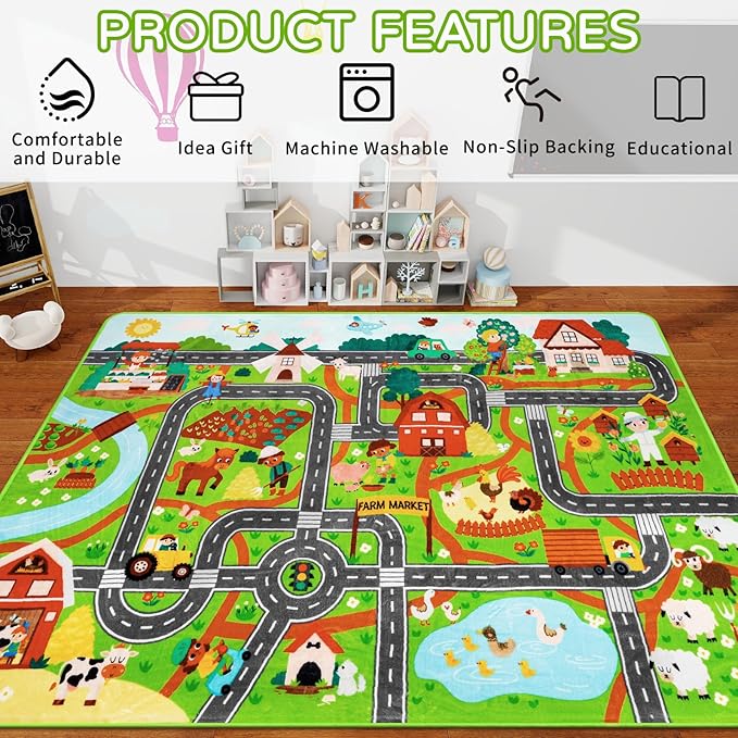 Kids Rug Play Mat for Toy Cars,110" × 78.7" Extra Large Farm Life Road Traffic for Playroom Kids Car Road Rug Village Map Play Mat Non-Slip Washable Carpet for Toddlers Boys Room Tummy Time Playtime