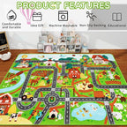 Kids Rug Play Mat for Toy Cars, 39.4" × 59" Farm Life Road Traffic for Playroom Kids Car Road Rugs Village Map Play Mat Non-Slip Washable Play Rug for Toddlers Boys Room Family Tummy Time Playtime