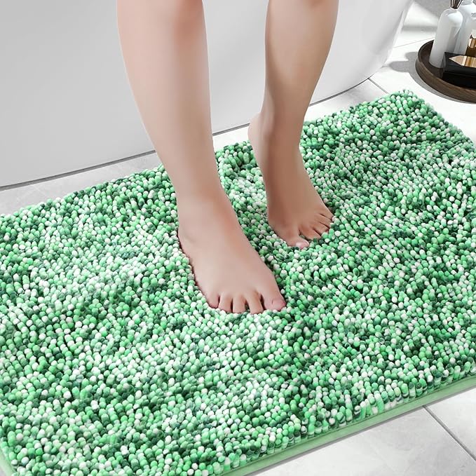 Yimobra Luxury Bathroom Rugs, 47x24, Extra Soft Chenille Mats for Bathroom Non Slip, Fluffy Long Matts for Tub, Plush Shaggy Carpet Runner, Water Absorbent, Machine Washable, Light Green & Green