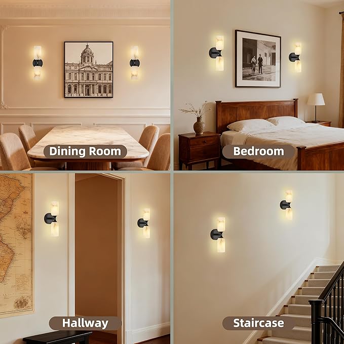 14.4in Alabaster Wall Sconce, Black Sconces with Spanish Marble, Modern Brass Wall Mounted Lamp, Hardwired LED Wall Lighting for Bathroom Bedroom Living Room Staircase Hallway Dining Room