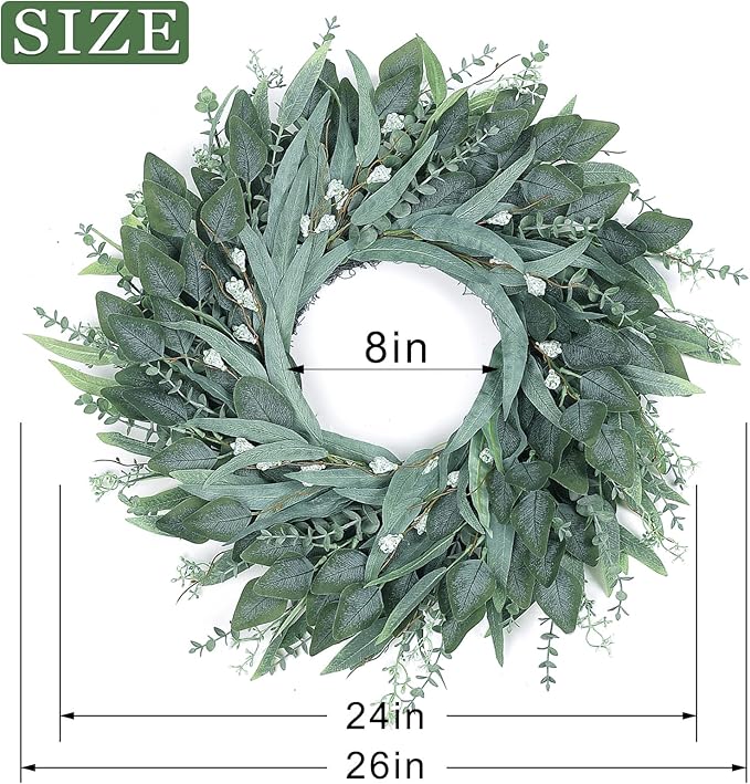 26" Eucalyptus Wreath for Front Door - Large Artificial Greenery Outdoor Wreath for Porch, Window,Farmhouse,Home,Holiday,Hanging Decor- Spring, Summer, Fall, All Seasons (Green)