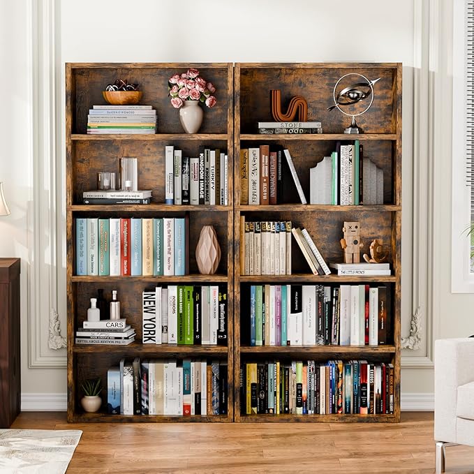 5-Tier Bookcase and Bookshelves, Freestanding Wood Bookshelf, 53" Tall Bookcase with Adjustable Shelves, for Living Room, Bedroom, Home Office, Retro Brown