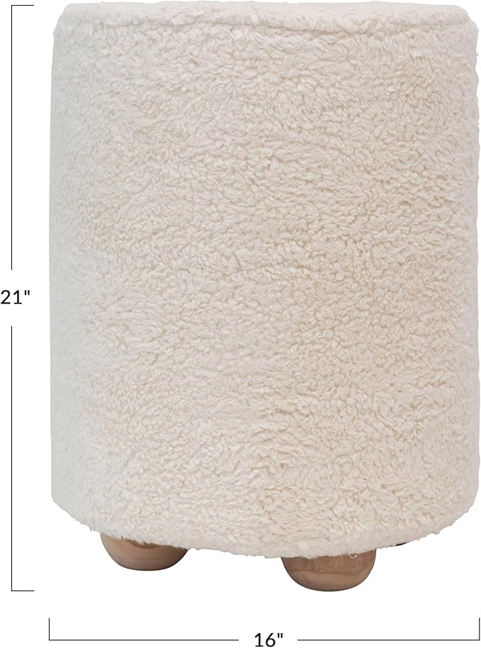 Bloomingville Round Sherpa Upholstered Pouf with Pine Wood Feet, Cream and Natural