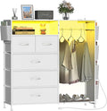 Dresser for Bedroom with Clothes Rack Side Pockets White 5 Drawers Dresser with Charging Station LED Lights Sturdy Steel Frame Wood Top Organizer Unit for Nursery Hallway Closet
