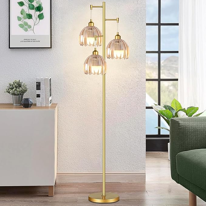 Gold Floor Lamps for Living Room Bedroom-3 Light Glass Floor Lamp with Three Led Bulb, Rustic Tall Floor Lamp Gold Standing Lamp Tree Floor Lamps for Living Room Bedroom,Office,Corner