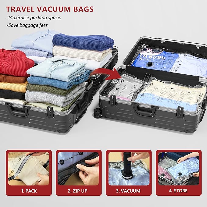 8 Small Travel Vacuum Storage Bags for Clothing with Rechargeable Electric Pump, Compression Packing Cubes Organizer for Luggage Suitcase, Space Saver Seal Bags for Vacation Cruise