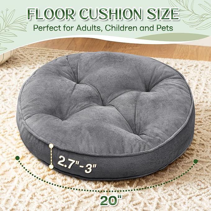 Floor Pillow Set of 2, Memory Foam Meditation Cushion, Floor Cushions for Adults Sitting, Large Round Seat Cushions for Yoga, Living Room, 20x20 Inch (Round | Grey)