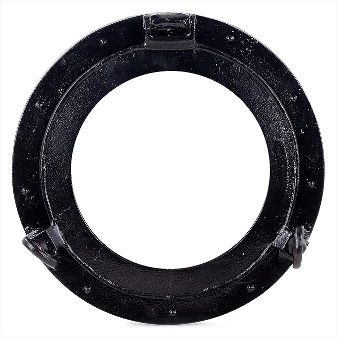Nagina International Deep Black Round & Circular Porthole Window With Transparent Glass | Vintage Handcrafted Wall Pediments & Sculptures | Maritime Boat Decor | Grooved Secondary Frame Design (17 Inches)