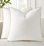 decorUhome Spring Chenille Soft Cozy Throw Pillow Covers 18x18 Set of 2, Modern Farmhouse Boho Velvet Decorative Pillow Cases with Stitched Edge for Couch Sofa Bed Home Decor, Cream White