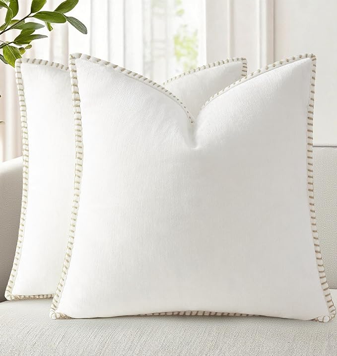 decorUhome Spring Chenille Soft Cozy Throw Pillow Covers 20x20 Set of 2, Modern Farmhouse Boho Velvet Decorative Pillow Cases with Stitched Edge for Couch Sofa Bed Home Decor, Cream White