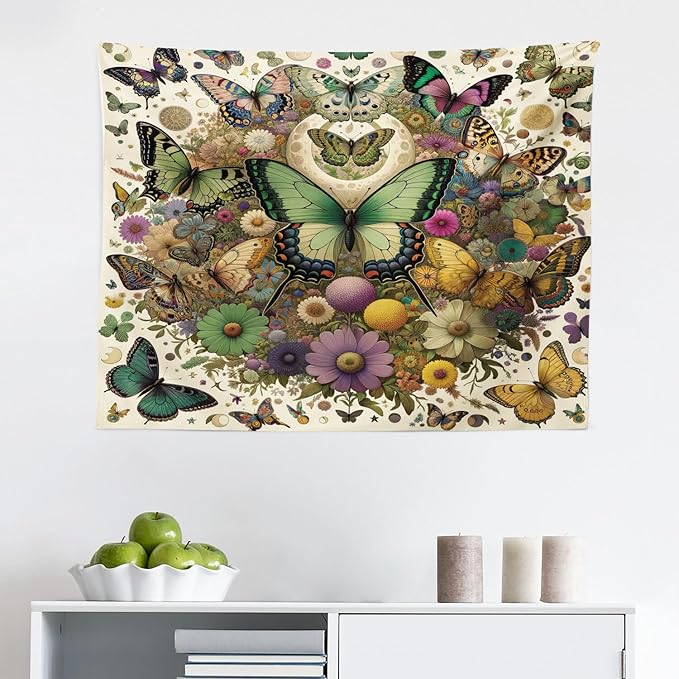 Ambesonne Boho Tapestry, Dancing Moth and Butterfly with Colorful Leafy Jumble Flowers Witchcore, Fabric Wall Hanging Decor for Bedroom Living Room Dorm, 28" X 23", Fern Green Lilac Orange