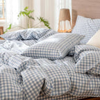 MooMee Gingham Duvet Cover Set 100% Washed Cotton Linen Like Textured Breathable Durable Soft Comfy Modern Checkered Design (Classic Gingham Cornflower Blue, Oversized Full 82"x86")
