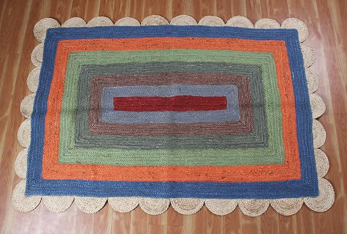 Scalloped Edge Rug, Hand Woven Natural Jute Area Rug, 5x7 Ft Beige & Multicolor Braided Sisal Kilim Rugs for Living Room, Kitchen, Entryway, Farmhouse