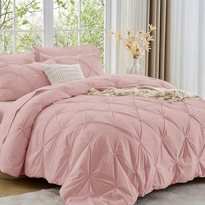Sasttie California King Comforter Set, 7-Piece Bed in a Bag, Pintuck Bedding Sets for All Season, Includes Comforter, Flat Sheet, Fitted Sheet, Pillowcases and Pillowshams, Rose Gold