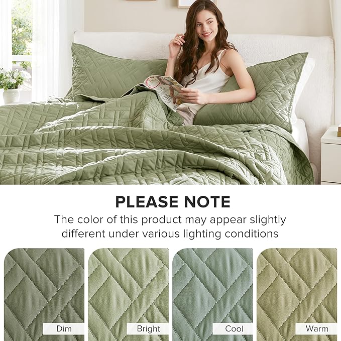 Comfort Spaces Queen Quilt Set Modern Reversible Diamond Coverlet Queen Bedding Set Cozy Quilted Winter Layer, All Season Lightweight Soft Queen Size Quilt, Kienna, Full/Queen Olive Green3 Piece