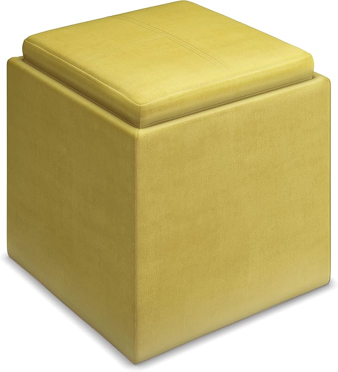 SIMPLIHOME Rockwood Cube Storage Ottoman with Tray - 17 inch Wide Upholstered Velvet Fabric Square Storage Ottoman in Dijon Yellow, Contemporary Cube Ottoman for Living Room with Serving Tray