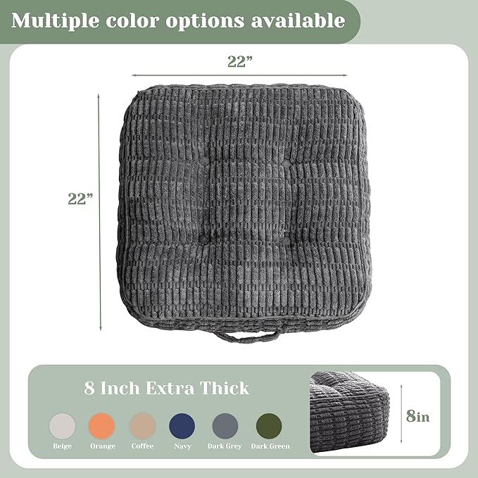 8" Washable Floor Pillow Cushion for Adults, Meditation Cushion Pillow, Removable Tufted Blended Corduroy Cover, Large Square Floor Sitting for Tatami Living Room or Yoga, 2Pack, Machine Washable