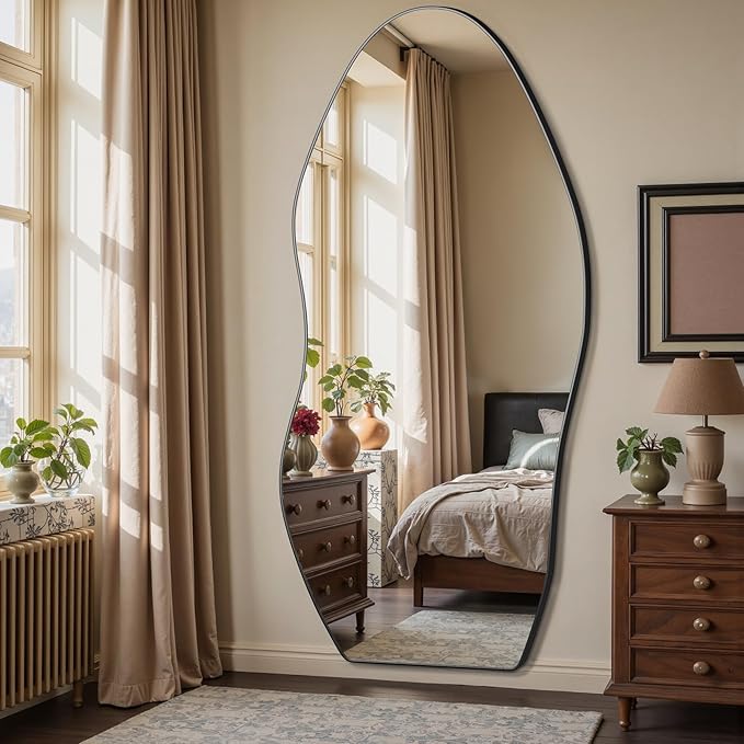 Antok Full Length Mirror, 76"x36" Floor Mirror with Stand, Standing Hanging Leaning Irregular Mirrors for Bedroom Living Room Entryway, Wavy Shaped, Black