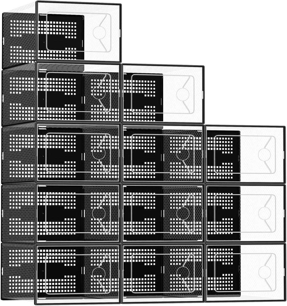 DUMOS Clear Shoe Storage Boxes, 12-Pack Plastic Stackable Shoe Containers with Lids, Display Sneaker Case Organizer for Closet, Under Bed, Entryway,Black (Fit Size 11)