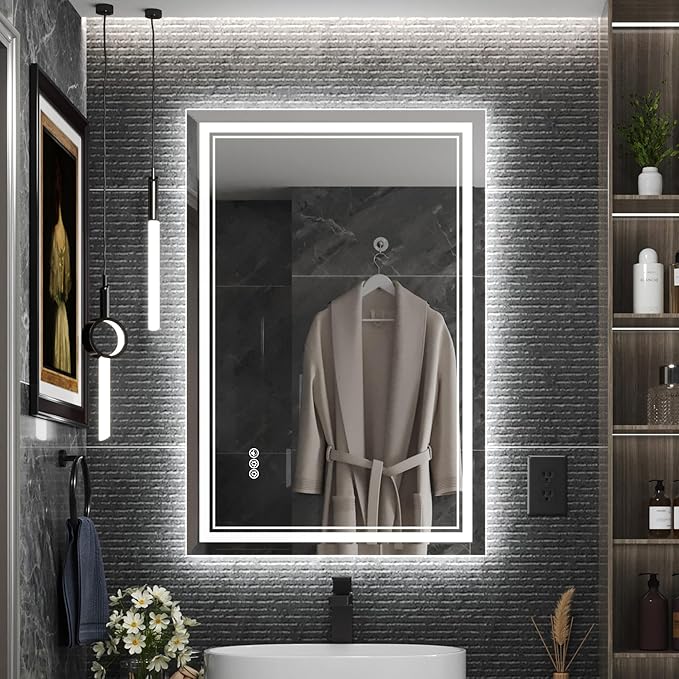 24x36 Inch Led Mirror for Bathroom with Front Light and Backlit, Bathroom Mirror with Led Lights, Vanity Mirror with Lights for Wall, Anti-Fog, Dimmable, Memory Function, Tempered Glass