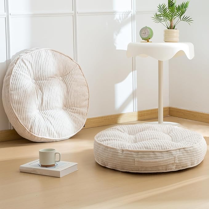 Washable Floor Pillow Cushion for Adults, Meditation Cushion Pillow, Large Round Floor Sitting, Removable Tufted Corduroy Cover, for Tatami Living Room or Yoga, 22x22 Inch, 2Pack, Machine Washable