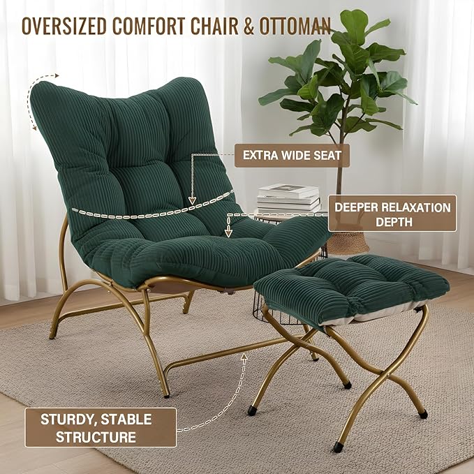 Welnow Modern Accent Chair with Ottoman, Upholstered Comfy Lounge Recliner Sofa, Thick Cushion Oversized Lazy Reading Chair with Footrest for Living Room, Bedroom, Apartment, Office, Dorm, Dark Green