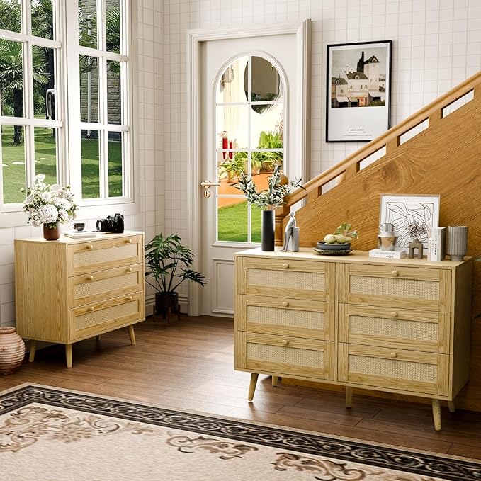 3 Drawer Dresser for Bedroom, Boho Dresser Chest with Handles for Bedroom Hallway Living Room
