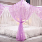 VETHIN 4 Corners Post Ruffle Princess Bed Canopy Curtain-Double Layer Cozy Drape Netting 4 Opening Mosquito Net for Girls Adults Bedroom Decoration (Double-Purple, 53" W*78" L*82"*H/(Full))