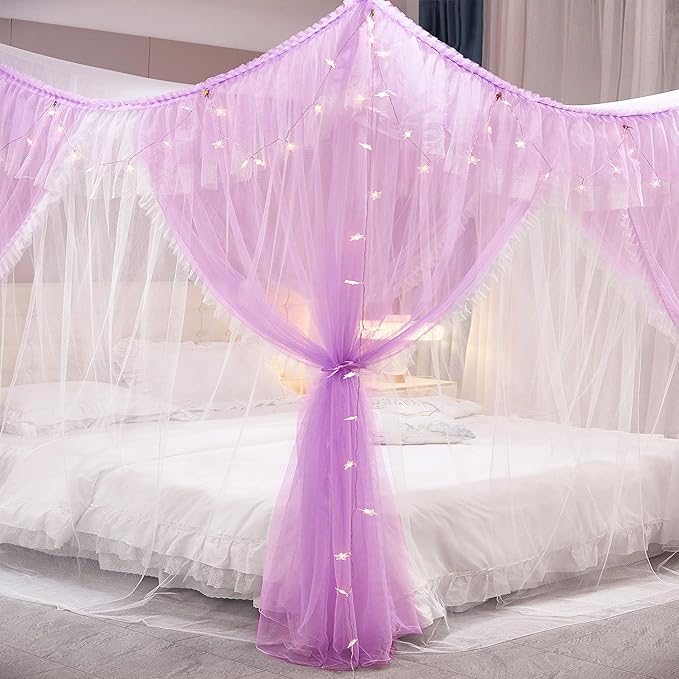 VETHIN 4 Corners Post Ruffle Princess Bed Canopy Curtain-Double Layer Cozy Drape Netting 4 Opening Mosquito Net for Girls Adults Bedroom Decoration (Double-Purple, 47" W*78" L*82" H/Twin)