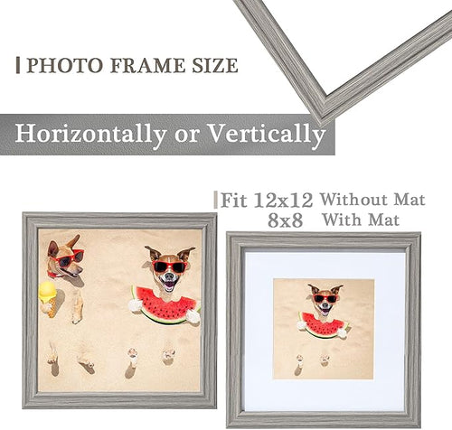 12x12 Picture Frame, Grey Woodgrain 12 x 12 Picture Frames Matted to 8 x 8,Square 12 x 12 Frame with Real Glass,Rustic Wooden 12x12 Photo Frame Wall for Home Decor Gifts