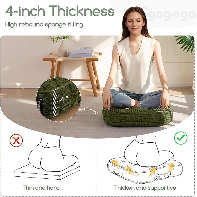 Washable Floor Pillow Cushion for Adults, Meditation Cushion Pillow, Removable Tufted Blended Corduroy Cover, Large Square Floor Sitting for Tatami Living Room or Yoga, 22x22 Inch, Machine Washable