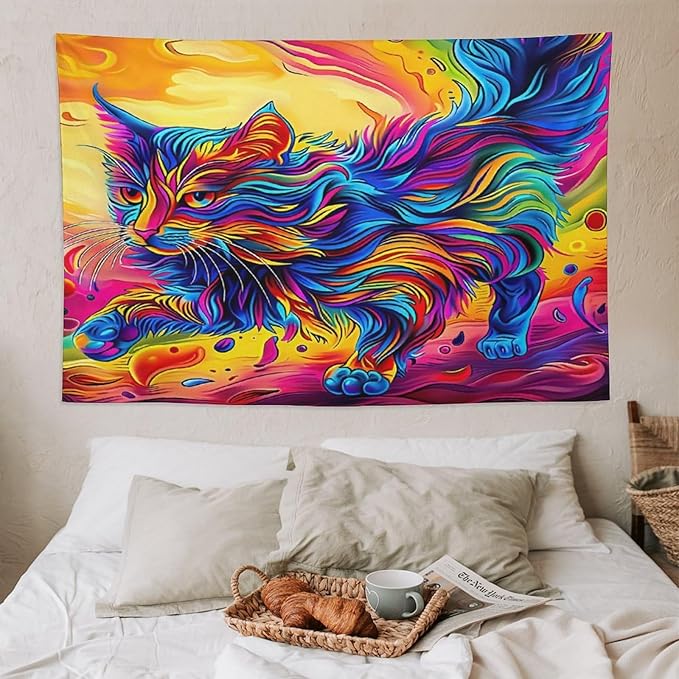 VUMIVI Colorful Cat Tapestry Pet Oil Painting Print Rainbow Colorful Abstract Art Pattern Tapestry Wall Hanging for Living Room Bedroom Dorm Classroom Aesthetic Decor W90xL60in