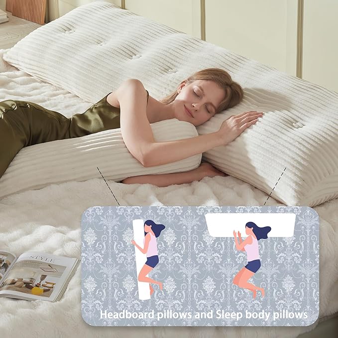 Headboard Wedge Pillow + A Long Neck Roll Pillow Body Pillow，Large Headboard Pillow with Removable Cover (Beige, Queen：59x8x20 inches)