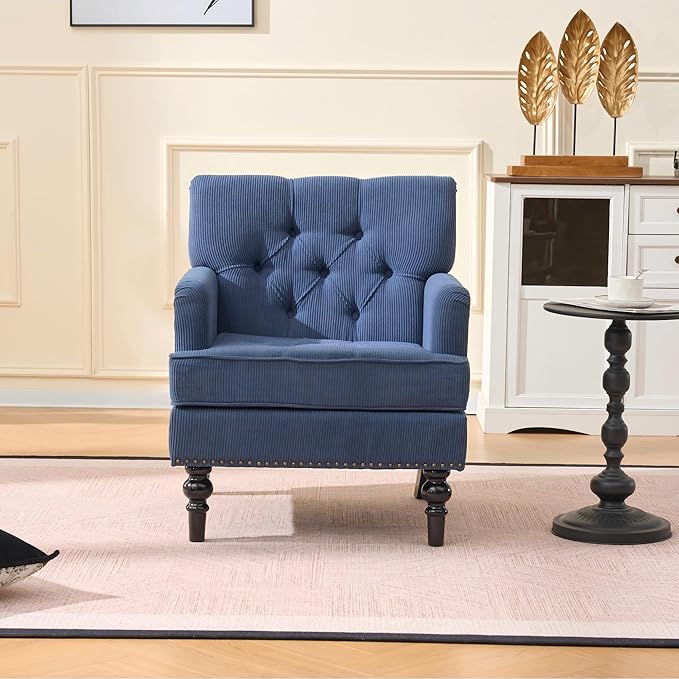 KEIKI Tufted Upholstered Accent Chair for Bedroom and Living Room, Corduroy Fabric Armchair with Plush Foam Seat, Solid Wood Frame, Classic Club Chair for Reading and Relaxing