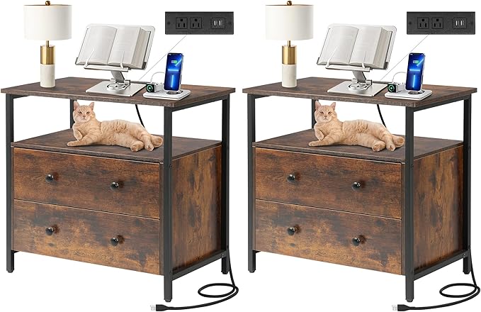 27 inch Wide Night Stand Set 2 with Charging Station, Bedside Table with Open Shelf, 2 Drawers Small Wood Dresser, Modern Wood Nightstand for Bedroom/Living Room (Retro Brown)