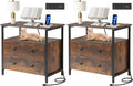 27 inch Wide Night Stand Set 2 with Charging Station, Bedside Table with Open Shelf, 2 Drawers Small Wood Dresser, Modern Wood Nightstand for Bedroom/Living Room (Retro Brown)