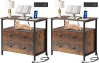 27 inch Wide Night Stand Set 2 with Charging Station, Bedside Table with Open Shelf, 2 Drawers Small Wood Dresser, Modern Wood Nightstand for Bedroom/Living Room (Retro Brown)