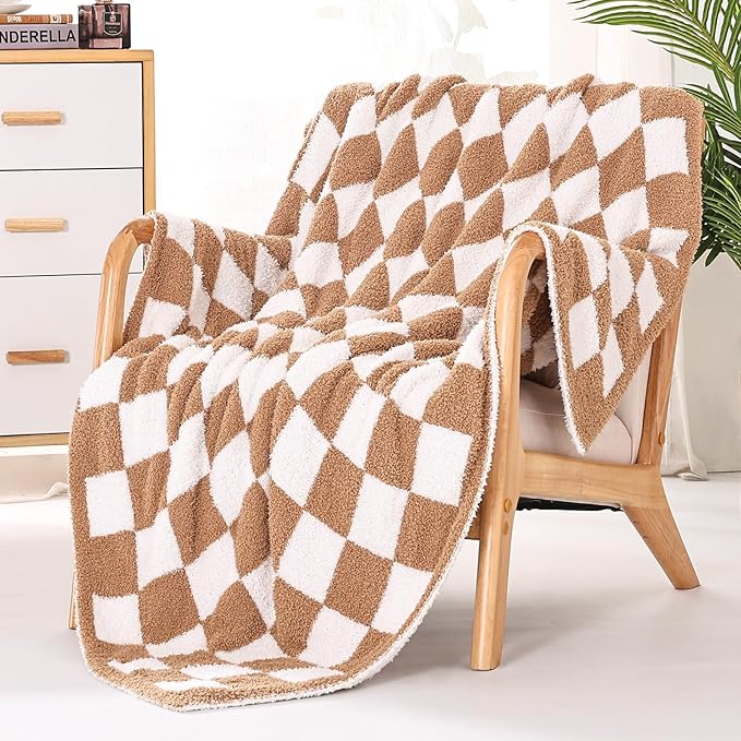 Panku Checkered Blanket, Ultra Soft Checkered Throw Blanket, Warm Fluffy Checkerboard Blanket for Couch and Sofa (50x60 Inches, Camel)