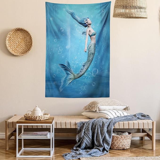 Ambesonne Underwater Tapestry Twin Size, Mermaid Fishtail Floating Bubbles Mythical Creature Ocean Life Art Print, Wall Hanging Bedspread Bed Cover Wall Decor, 68" X 88", Blue Gray