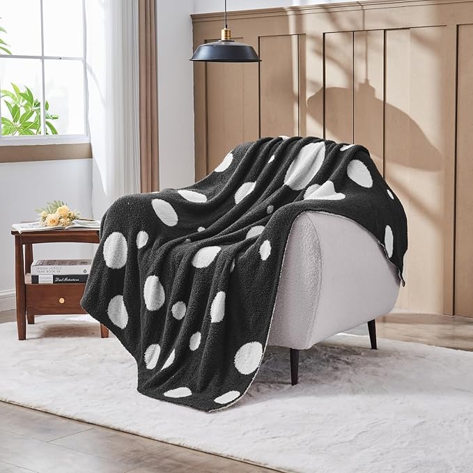 CozeCube Super Soft Fullfy Microfiber Reversible Knitted Blankets, Warm Cozy Fuzzy Plush Throw, Black and White Polka Dot Throw Blanket for Couch Bed Sofa, 50" x 60"