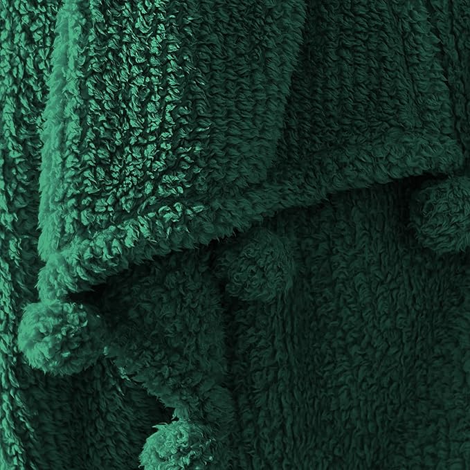 HORIMOTE HOME Ultra Soft Sherpa Throw Blanket with Pompom Fringe, Lightweight Plush Boho Throw Blanket for Couch, Sofa, Bedroom,Travel, Christmas Decor, Warm Blanket for Winter, 50"x60", Green