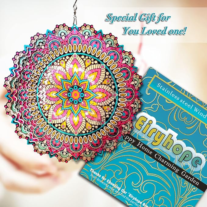 Mandala Blossom Wind Spinner - Metal Wind Spinners | 12inch 3D Kinetic Laser Cut Hanging Wind Sculpture & Wind Catcher | Outdoor Decor for Garden, Patio, Yard Art