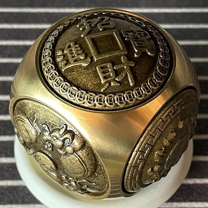 Brass Lucky Ball 6 Sides Rotatable Feng Shui Ornament Wealth Statue Treasure Ball Fengshui Sculpture Chinese Traditional Home Decor (G1 Large Lucky Ball)