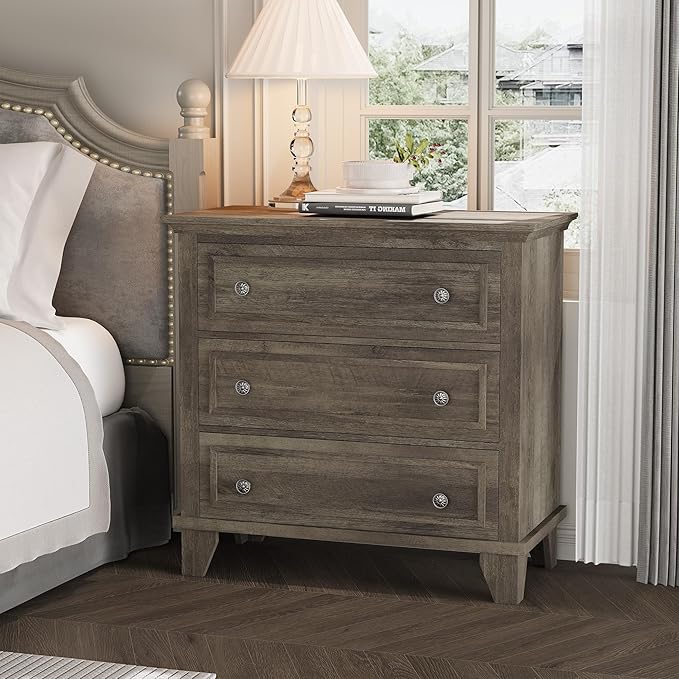GarveeHome Grey 3 Drawer Dresser for Bedroom, Wide Chest of Drawers with Vintage Handle, Wood Dresser Wide Nightstand for Living Room