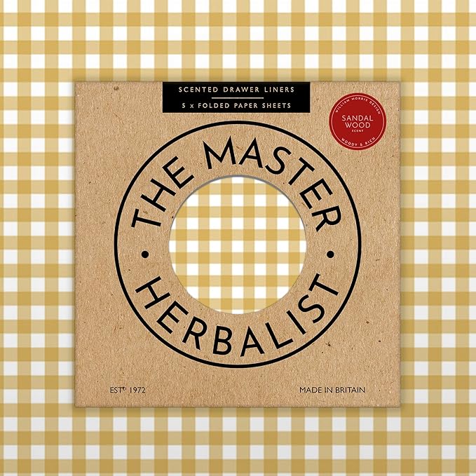 The Master Herbalist Fragrant Sandalwood SCENTED DRAWER LINERS in a BARLEY GINGHAM Design | Pack of 5 Sheets | Contains Essential Oils | MADE IN THE UK.