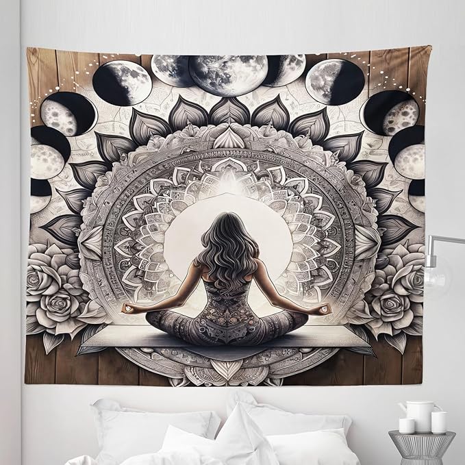 Ambesonne Mandala Tapestry King Size, Meditating Lady with Ethnic Florals and Lunar Phases Frame Rustic, Wall Hanging Bedspread Bed Cover Wall Decor, 104" X 88", Cocoa Charcoal Grey White