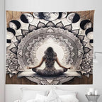 Ambesonne Mandala Tapestry King Size, Meditating Lady with Ethnic Florals and Lunar Phases Frame Rustic, Wall Hanging Bedspread Bed Cover Wall Decor, 104" X 88", Cocoa Charcoal Grey White