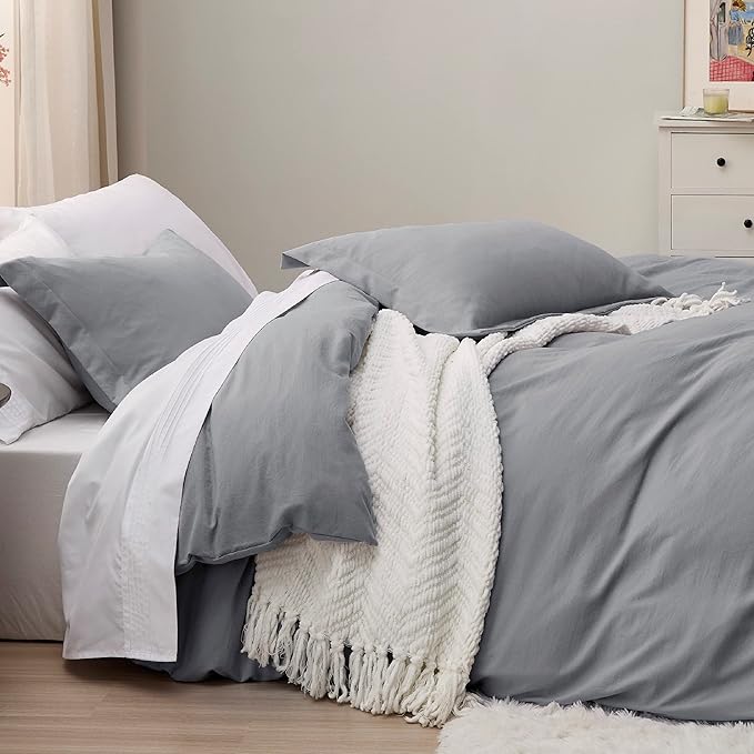 Bedsure Grey Duvet Covers Queen Size - Prewashed Cotton-Like Polyester Duvet Cover, Soft Queen Duvet Cover Set 3 Pieces with Zipper Closure, 1 Duvet Cover 90x90 inches and 2 Pillow Shams