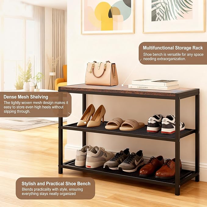 DUMOS 3-Tier Shoe Bench with Storage, Industrial Entryway Sturdy Shoe Rack Organizer Bench with Mesh Shelves for Entryway, Hallway & Living Room, Easy Assembly, Rustic Brown and Black